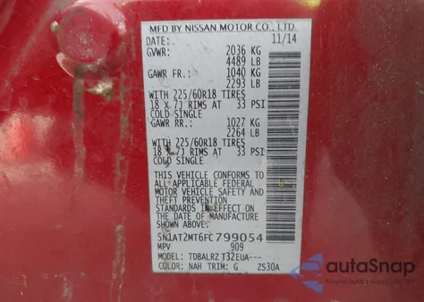 2015 Nissan Rogue Sl from USA, damaged, VIN 5N1AT2MT6FC799054